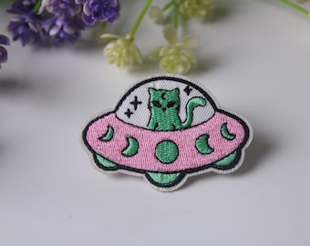 UFO patch, cat Alien patch, iron on patch, embroidered patch, funny patch, cool patch, for vest, for tote bag