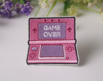 game over patch, game patch, pink, iron on patch, embroidered patch, funny patch, cool patch, for vest, for tote bag