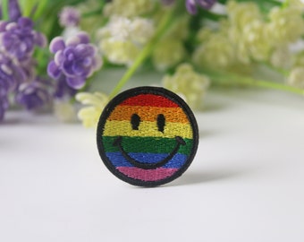 rainbow smile face patch, emoji patch, iron on patch, embroidered patch, funny patch, cool patch, for vest, for tote bag
