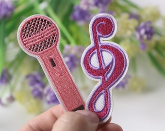 microphone and note patch, music patch, iron on patch, embroidered patch, funny patch, cool patch, for vest, for tote bag