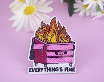 écusson poubelle incendiée, tout va bien, rose, feu, écusson thermocollant, écusson brodé, écusson amusant, écusson cool