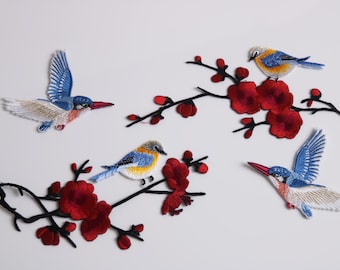 set of 6 patches, red cherry blossom, flower, kingfishers, birds, flower, iron on patch, embroidered patch, funny patch, cool patch