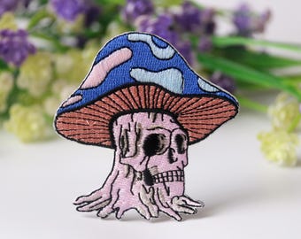 schedel paddestoel patch, griezelig, opstrijkbare patch, geborduurde patch, grappige patch, coole patch, voor vest, voor draagtas