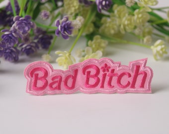 bad bitch patch, pink, phrase, iron on patch, embroidered patch, funny patch, cool patch, for vest, for tote bag