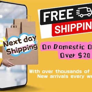 Peut inclure: L'&eacute;cran d'un smartphone montrant une personne tenant un sac en papier brun avec le texte "Next day Shipping" sur un nuage rose. L'arri&egrave;re-plan est jaune avec le texte "FREE SHIPPING On Domestic Order Over $20" en noir et rouge.