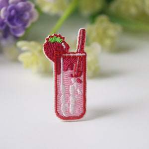 strawberry juice patch, drink patch, fruit patch, iron on patch, embroidered patch, funny patch, cool patch, for vest, for tote bag