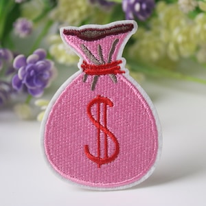toppa rosa per borsa dei soldi, toppa termoadesiva, toppa ricamata, toppa divertente, toppa interessante, per gilet, per borsa tote