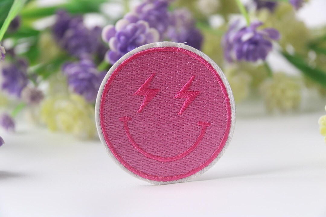 Pink Smile Face Patch, Lightning Eye Patch, Iron on Patch, Embroidered ...
