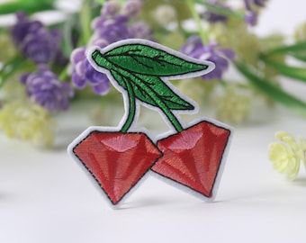 ruby cherry patch, diamond cherry patch, red, iron on patch, embroidered patch, funny patch, cool patch, for vest, for tote bag