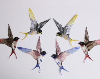 set of 6 swallows patch, gorgeous, birds, iron on patch, embroidered patch, funny patch, cool patch