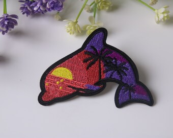 dolphin patch, beach patch, iron on patch, embroidered patch, funny patch, cool patch, for vest, for tote bag