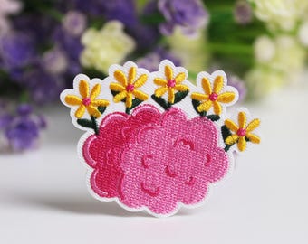 yellow flowers on the pink cloud patch, iron on patch, embroidered patch, funny patch, cool patch