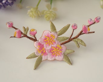 pink flower, cherry blossom patch, plum, iron on patch, embroidered patch, funny patch, cool patch, for vest, for tote bag