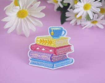 book and coffee patch, reading patch, iron on patch, embroidered patch, funny patch, cool patch