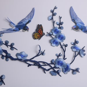 桜のワッペン、5枚セット、ツバメ、蝶、青、アイロン接着ワッペン、刺繍ワッペン、面白いワッペン、かっこいいワッペン