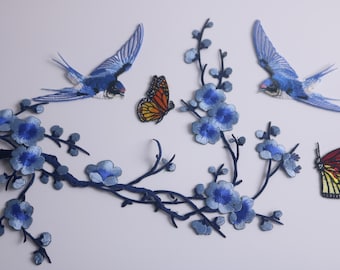 cherry blossom patch, a set of 5 patches, swallows, butterflies, blue, iron on patch, embroidered patch, funny patch, cool patch