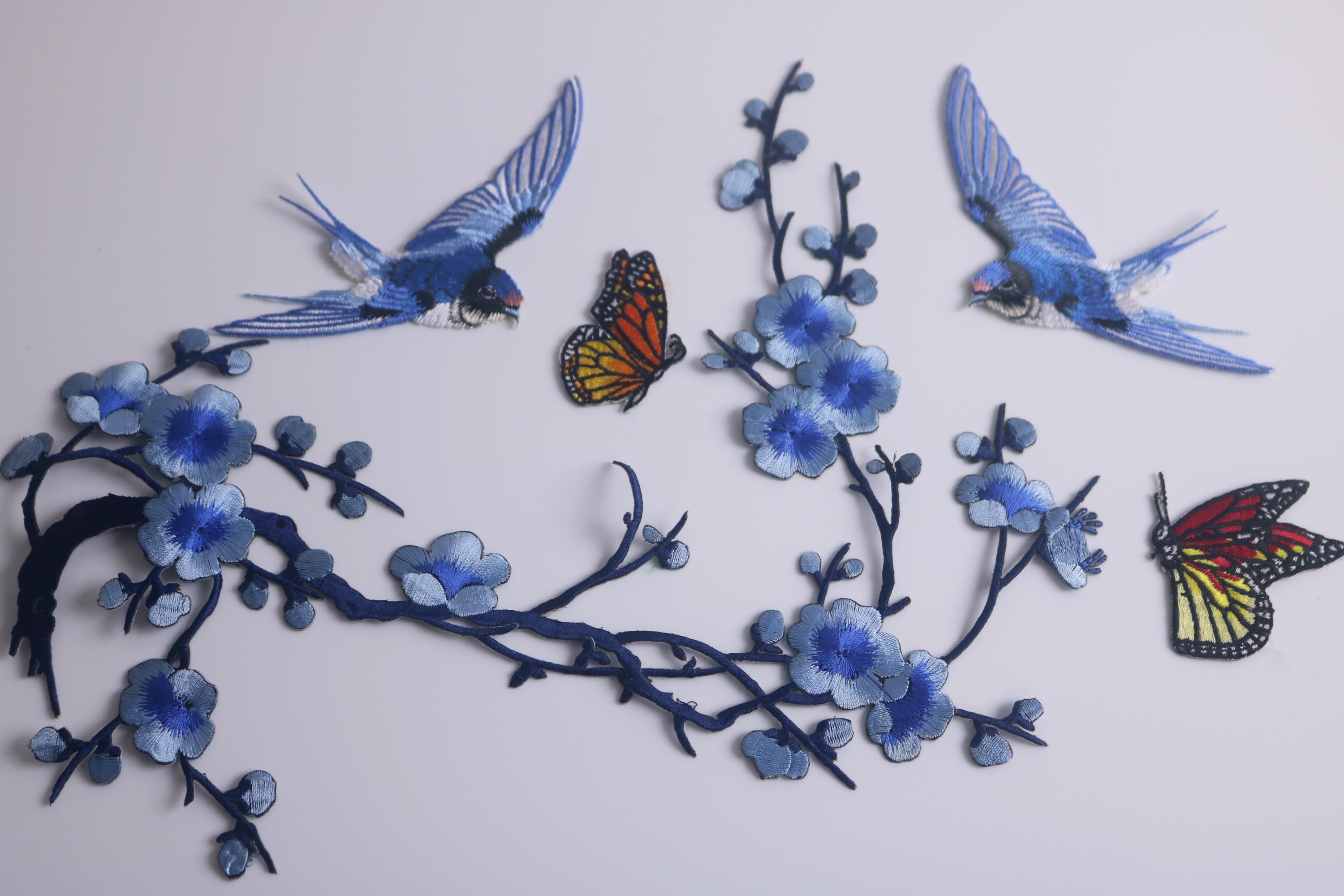 Parche de flor de cerezo, un conjunto de 5 parches, golondrinas, mariposas, azul, parche para planchar, parche bordado, parche divertido, parche genial