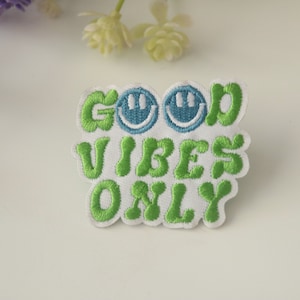 good vibes patch, smiley face, iron on patch, embroidered patch, funny patch, cool patch, for vest, for tote bag
