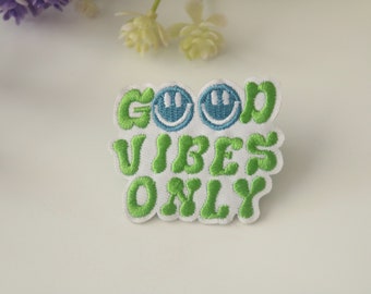 good vibes patch, smiley face, iron on patch, embroidered patch, funny patch, cool patch, for vest, for tote bag