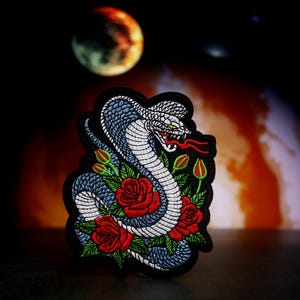 cobra snake patch, rose, flower red, iron on patch, embroidered patch, funny patch, cool patch, for vest, for tote bag