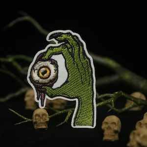 zombie&#39;s hand with creepy eyeball patch, iron on patch, embroidered patch, funny patch, cool patch, for vest, for tote bag