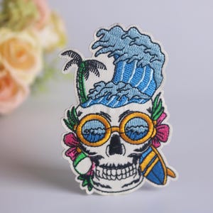 sea wave skull patch, surfing patch, beach patch, iron on patch, embroidered patch, funny patch, cool patch