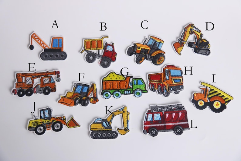 May include: Ten colorful iron-on patches featuring different types of construction vehicles, including a crane, dump truck, tractor, excavator, bulldozer, and a fire truck.