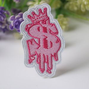 dollar sign patch, pink dollar patch, iron on patch, embroidered patch, funny patch, cool patch, for vest, for tote bag