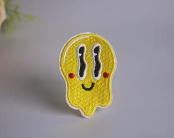 melting smile face patch, emoji patch, iron on patch, embroidered patch, funny patch, cool patch