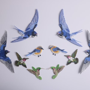 May include: Assortment of embroidered iron-on patches featuring various bird designs. The patches include bluebirds, hummingbirds, and swallows in shades of blue, green, yellow, and orange.