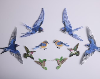 high-end swallows patches, set of 8 patches, birds patch, hummingbirds, tiny birds, iron on patch, embroidered patch, funny patch