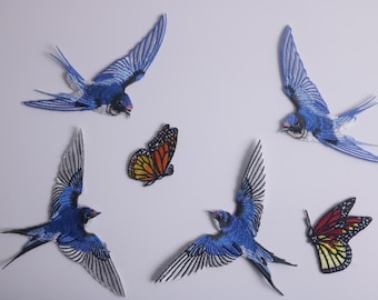 set of 6 patches, swallows patch, butterfly, butterfly patch, birds, iron on patch, embroidered patch, funny patch, cool patch