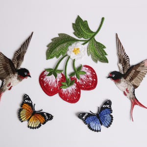 May include: Embroidered patches featuring swallows, strawberries, and butterflies. The swallows have red and brown wings. The strawberries are red with white detailing. The butterflies are orange and blue.
