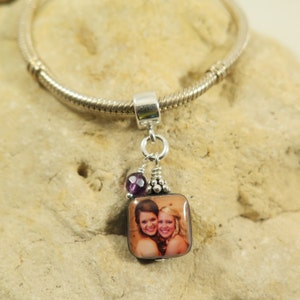 NEW - Small and Sweet Double-Sided Square Mother of Pearl Custom Photo Charm with Bead Accent Dangle for European Style Charm Bracelet