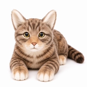 May include: A plush toy shaped like a tabby cat with brown and tan striped fur, large yellow eyes, pointed ears, and white paws. The cat is in a lying position with its front legs extended forward, featuring a soft texture and realistic facial details.