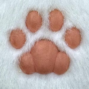 May include: Close-up of a cat paw print. The paw print is a light brown color and is surrounded by white, fluffy fur. The paw print has five toe beans and a larger pad.