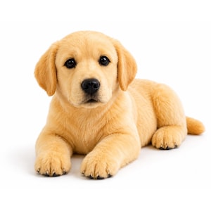Puede incluir: Un cachorro de Labrador Retriever de color amarillo dorado tumbado en posición de descanso. El cachorro tiene pelaje suave, orejas caídas, ojos de color marrón oscuro y nariz negra. Mira hacia adelante con las patas delanteras extendidas.