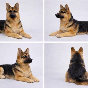 Puede incluir: Escultura realista de un perro pastor alem&aacute;n en posici&oacute;n de descanso. El pelaje del perro es una mezcla de marr&oacute;n, negro y beige. La imagen muestra al perro desde m&uacute;ltiples &aacute;ngulos, destacando sus detalles realistas y su expresi&oacute;n concentrada.
