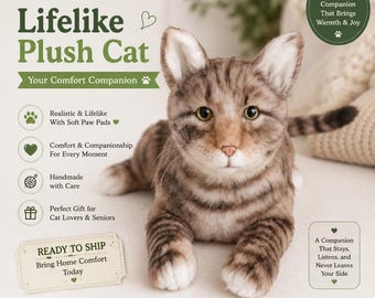 Realistic Plush Cat Companion – Handmade Lifelike Tabby Cat – Comfort Gift for Elderly & Cat Lovers