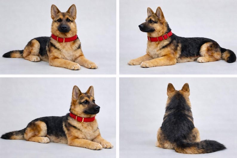 Puede incluir: Figura de perro pastor alem&aacute;n en cuatro vistas. El perro est&aacute; tumbado, con un collar rojo. El pelaje del perro es una mezcla de negro, marr&oacute;n y beige. El fondo es blanco liso.