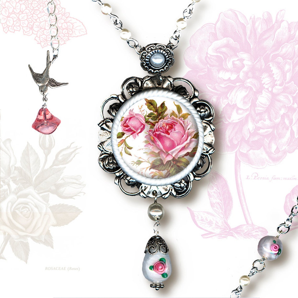 Cottage Chic Rose Necklace Glass Cabochon Botanicalz Etsy