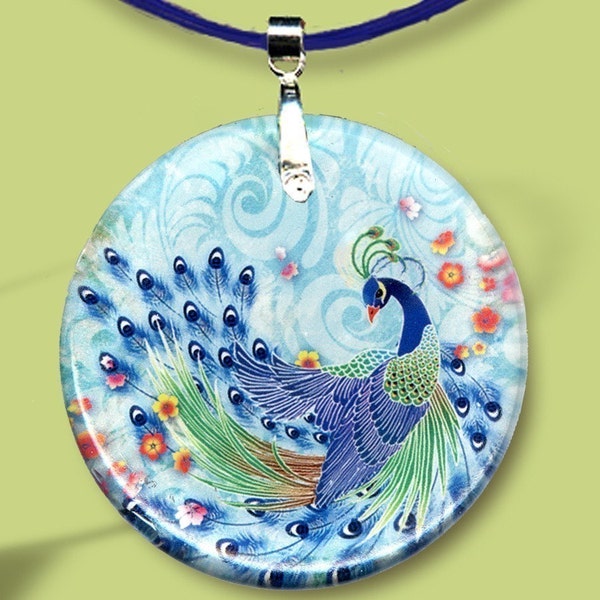 Peacock Necklace - Reversible Glass Art Necklaces - GeoForms Vintage  - Asian Peacock Floral Fantasia