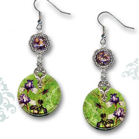 Earrings glass motif Ancient Dragonfly Green