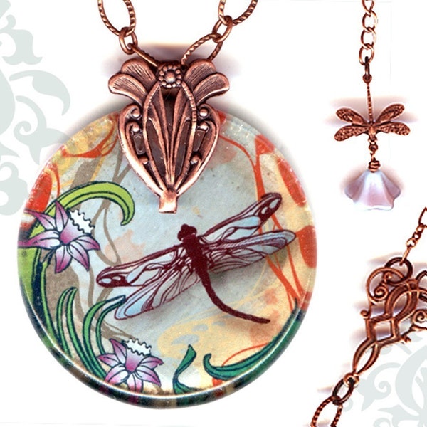 Dragonfly Necklace - Reversible Glass Art - Voyageur - Nouveau Jardin Collection -Copper Garden Dragonfly