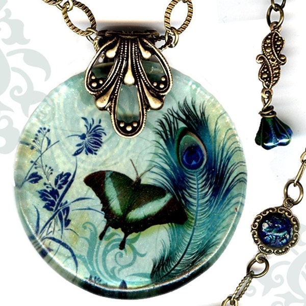 Peacock Butterfly Glass Jewelry- Reversible Necklace- Voyageur - The Alhambra Collection