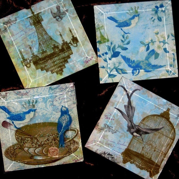 Vintage Paris - Handmade Decoupage Glass Beveled Coaster Set - Birds of a Feather Fench Blue No. 2