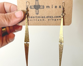 Hammered Brass Linear Triangle Earrings: Long Bronze Textured Drop Dangles, Lightweight earrings made in portland oregon by iheartmies