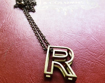 Letter R initial necklace | brass necklace with blocked hollow capital letter 'r' | simple everyday jewelry necklace | alphabet necklace