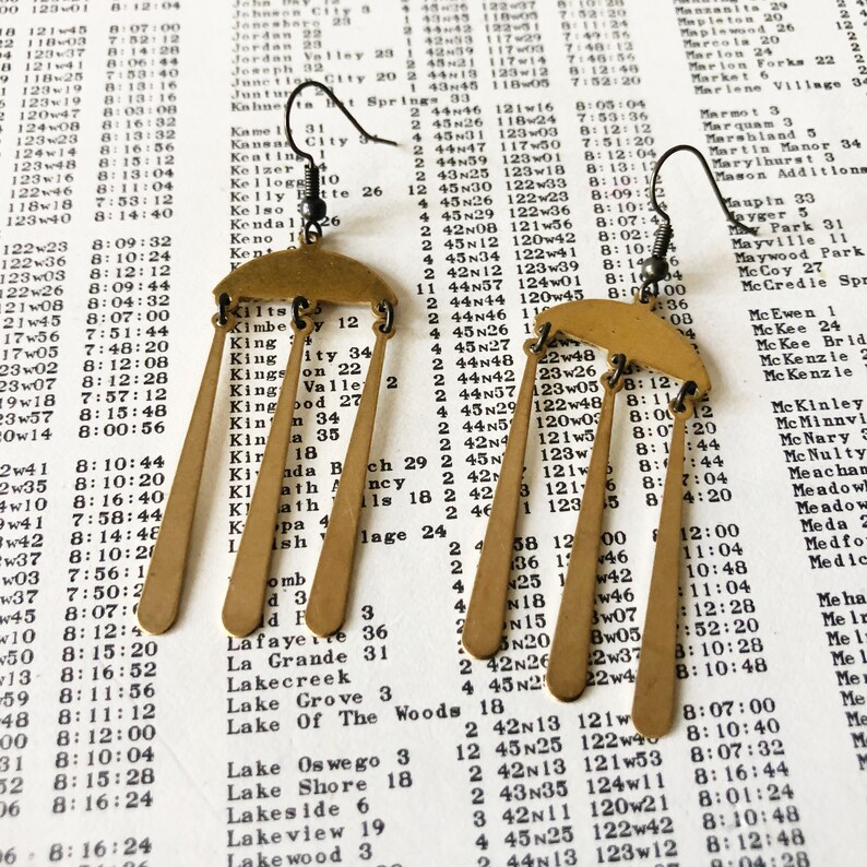 Peut inclure: Boucles d'oreilles en m&eacute;tal dor&eacute;, en forme de parapluie sur le dessus avec trois rectangles pendants. Les boucles d'oreilles sont pr&eacute;sent&eacute;es sur un fond de papier vintage avec du texte imprim&eacute;.