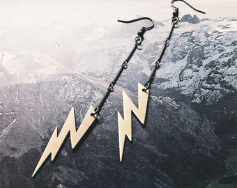 Lightning bolt earrings | brass dangle weather earrings | linear string drop chain ear jewelry | rainy clouds with thunder | portland oregon